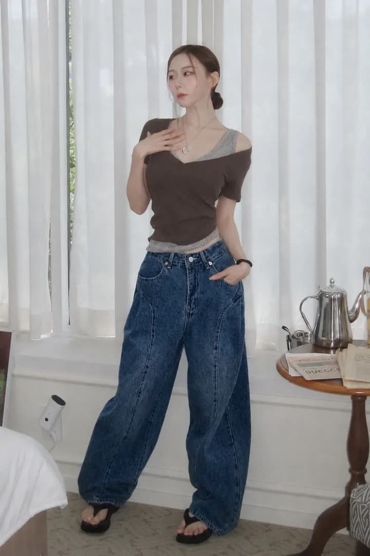 지금 레트로 워싱 곡선 플리츠 루즈핏 넓은 다리 청바지 상세 이미지 72
