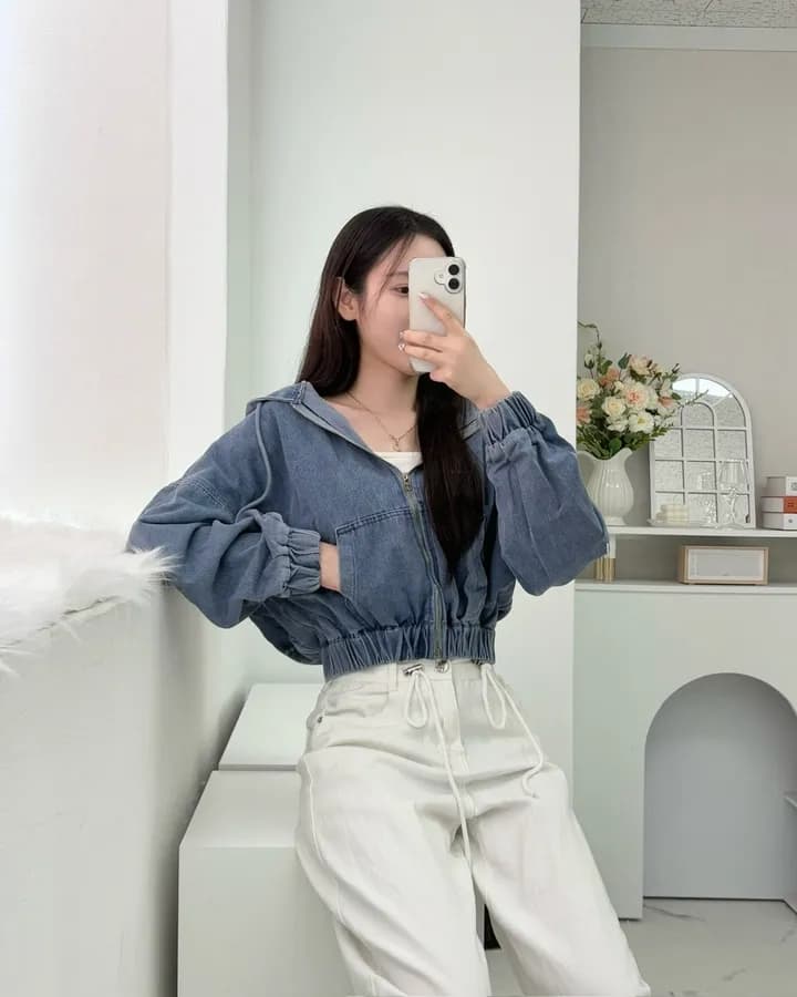 선적 세련된 레트로 재킷 후드 바람 데님 재킷 상세 이미지 3
