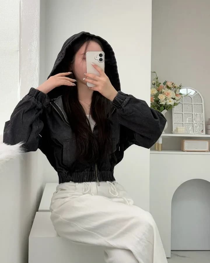 선적 세련된 레트로 재킷 후드 바람 데님 재킷 상세 이미지 8