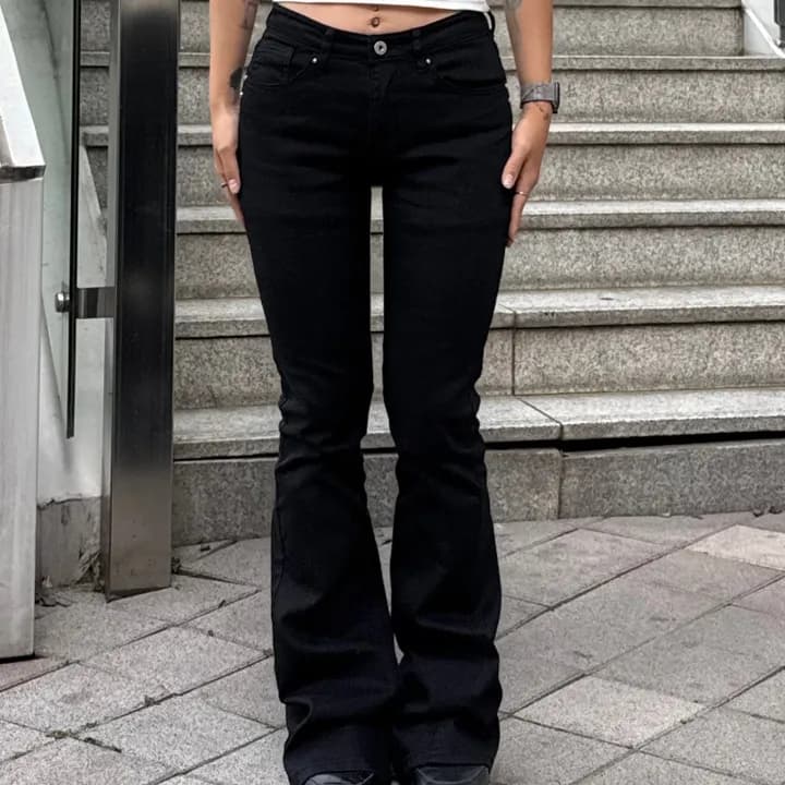 있음 선적 면 부드러운 마이크로 폭탄 데님 못 못 디자인 하이웨이스트 마 오래된 청바지 캐주얼 나팔 바지 이미지 2