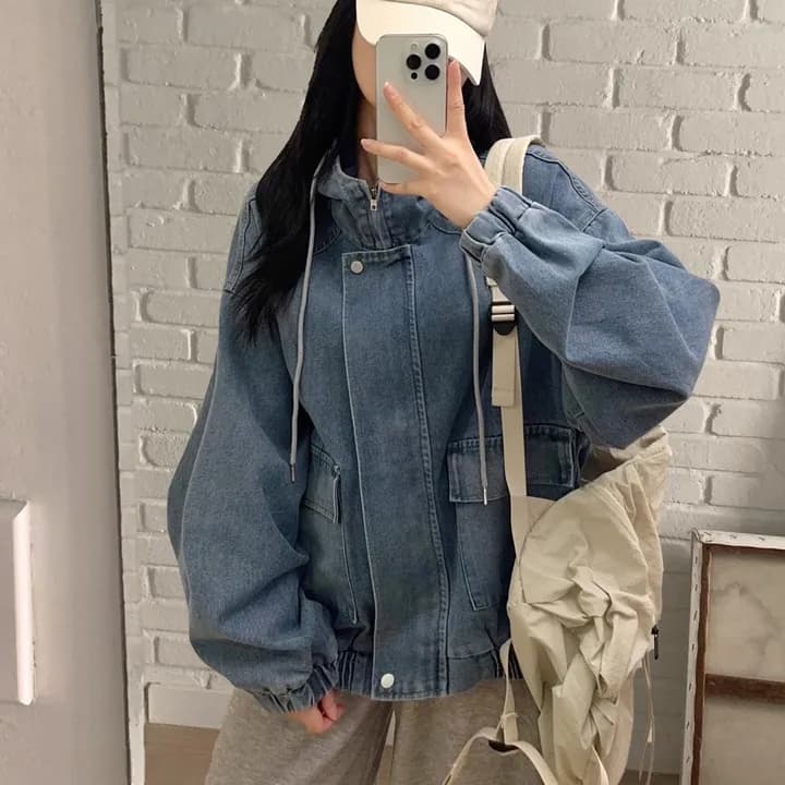 지금 주머니 지퍼 루즈핏 워싱 후드 데님 재킷 상세 이미지 2