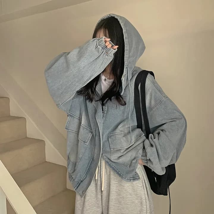 지금 레트로 워싱 루즈핏 주머니 지퍼 후드 데님 재킷 상세 이미지 1