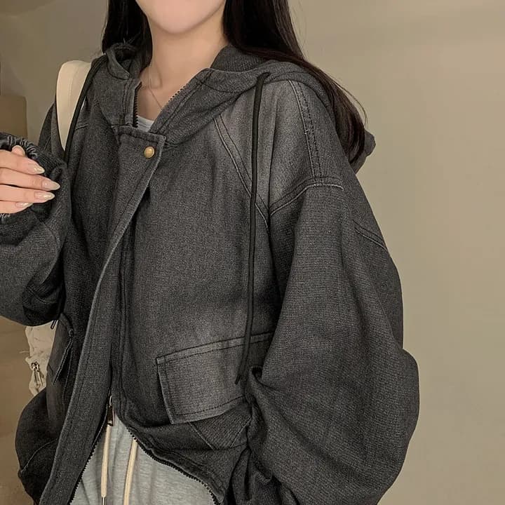 지금 레트로 워싱 루즈핏 주머니 지퍼 후드 데님 재킷 상세 이미지 2