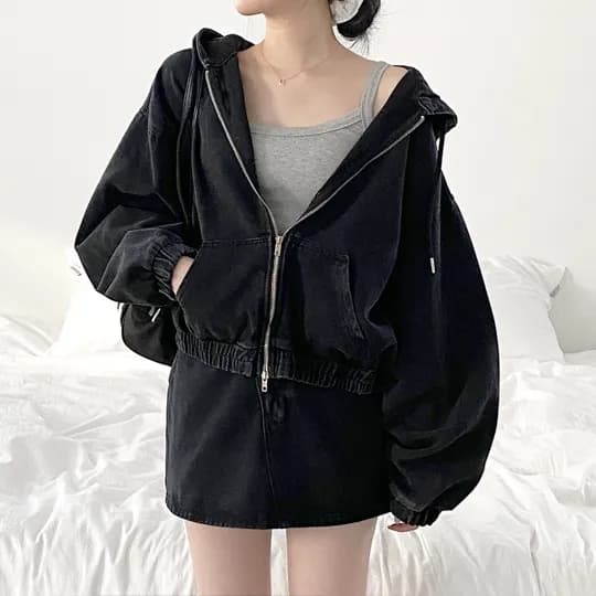지금 쇼트 스타일 지퍼 후드 밴딩 밑단 재킷 상세 이미지 1