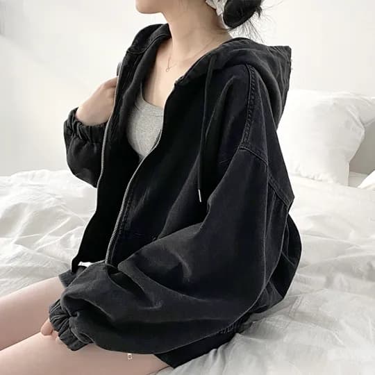 지금 쇼트 스타일 지퍼 후드 밴딩 밑단 재킷 상세 이미지 3