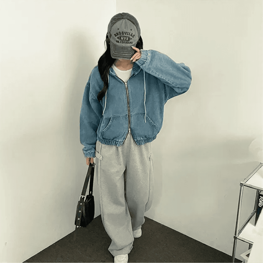 지금 쇼트 스타일 지퍼 후드 밴딩 밑단 재킷 이미지 4