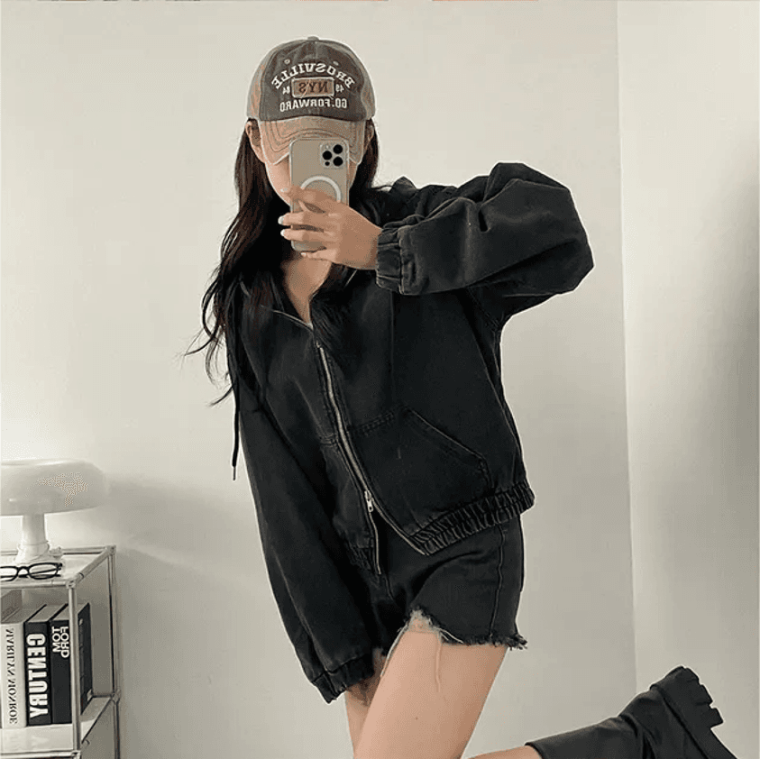 지금 쇼트 스타일 지퍼 후드 밴딩 밑단 재킷 이미지 3