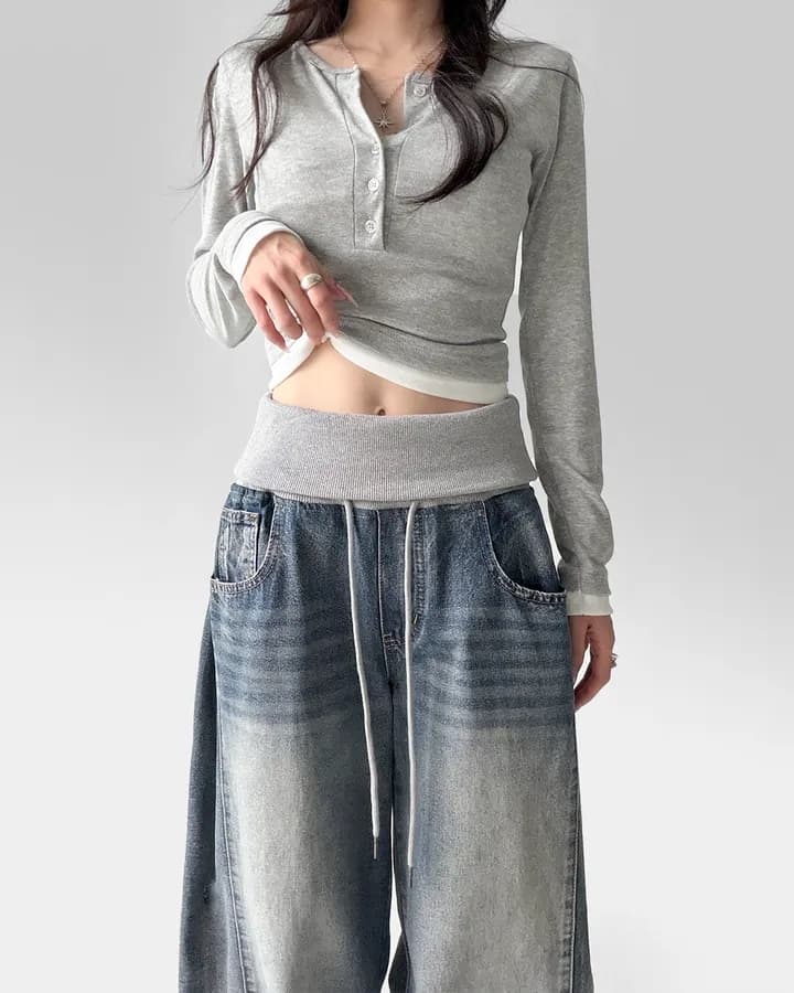 폴딩 리브 패치워크 넓은 다리 청바지 긴 바지 상세 이미지 10