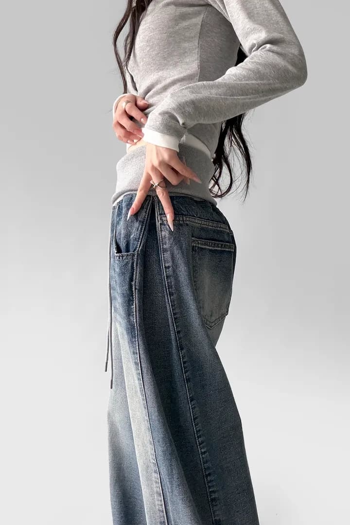 폴딩 리브 패치워크 넓은 다리 청바지 긴 바지 상세 이미지 11