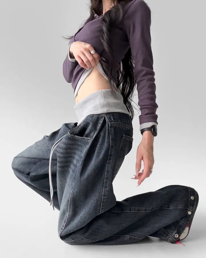 폴딩 리브 패치워크 넓은 다리 청바지 긴 바지 상세 이미지 23
