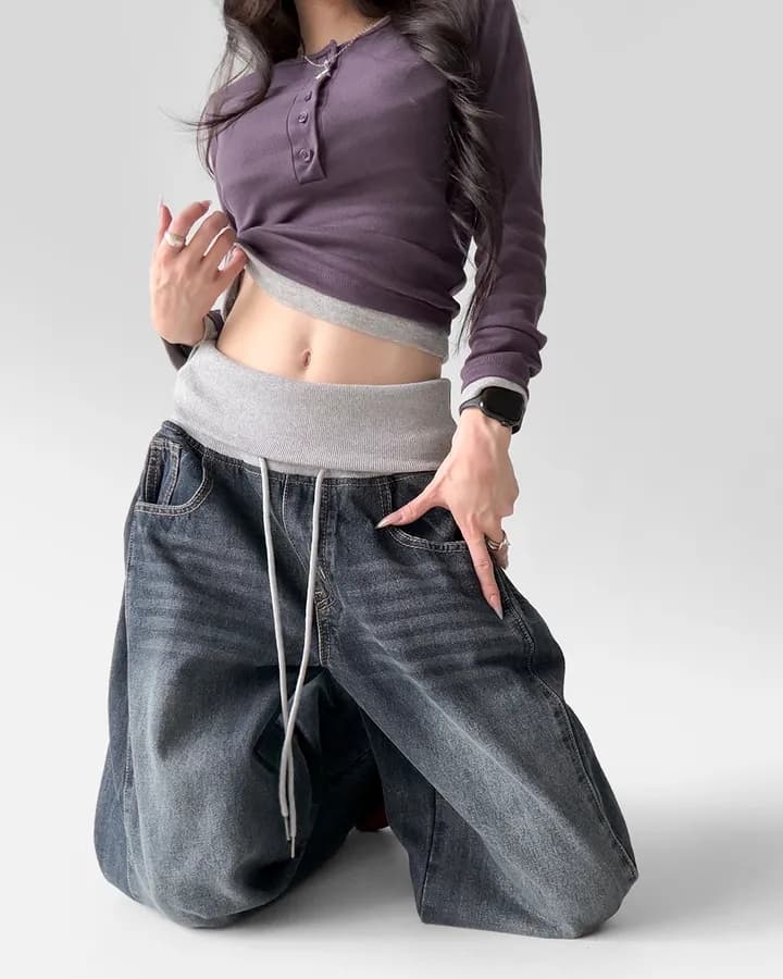 폴딩 리브 패치워크 넓은 다리 청바지 긴 바지 상세 이미지 31