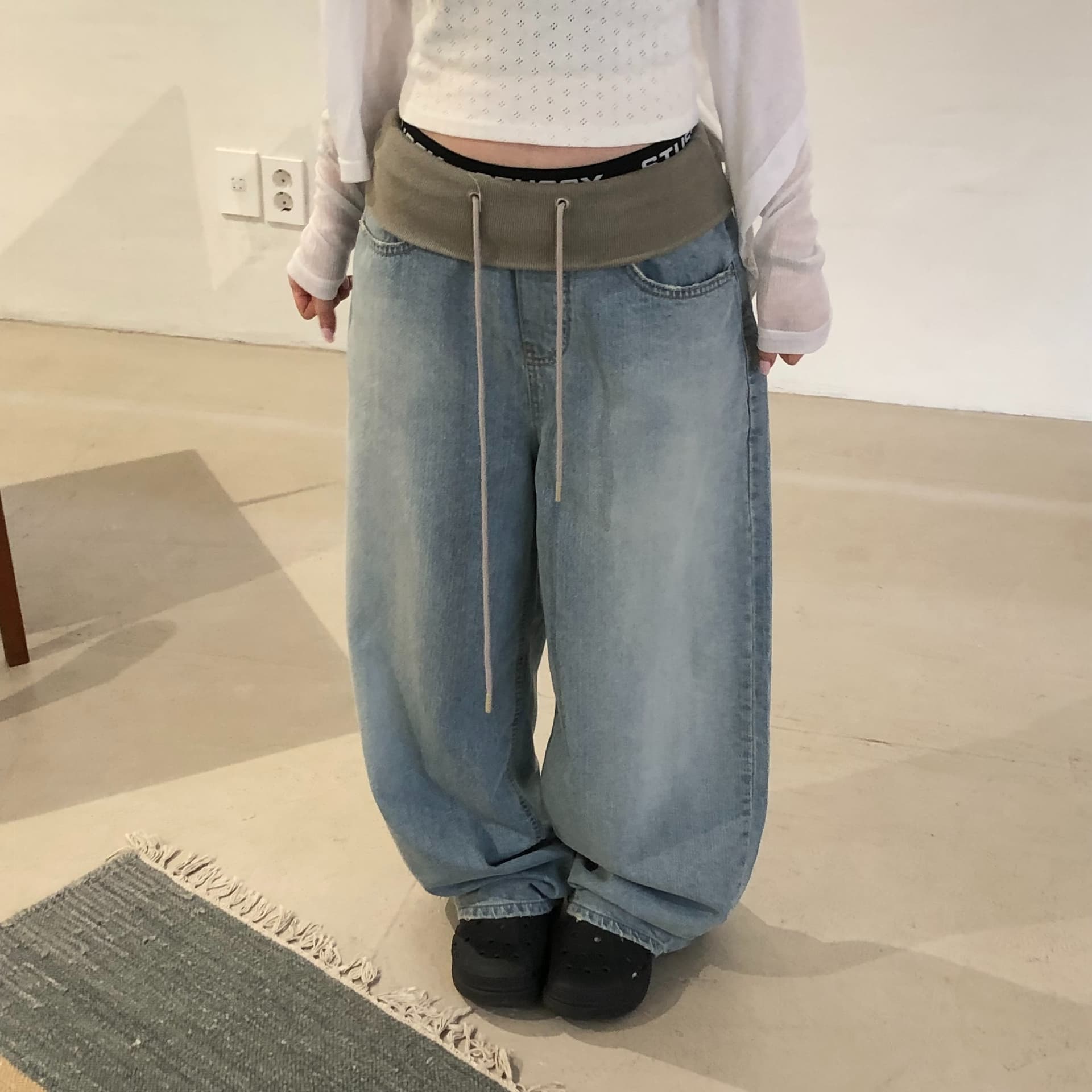 지금 리브 허리 폴딩 패치워크 루즈핏 넓은 다리 청바지 긴 바지