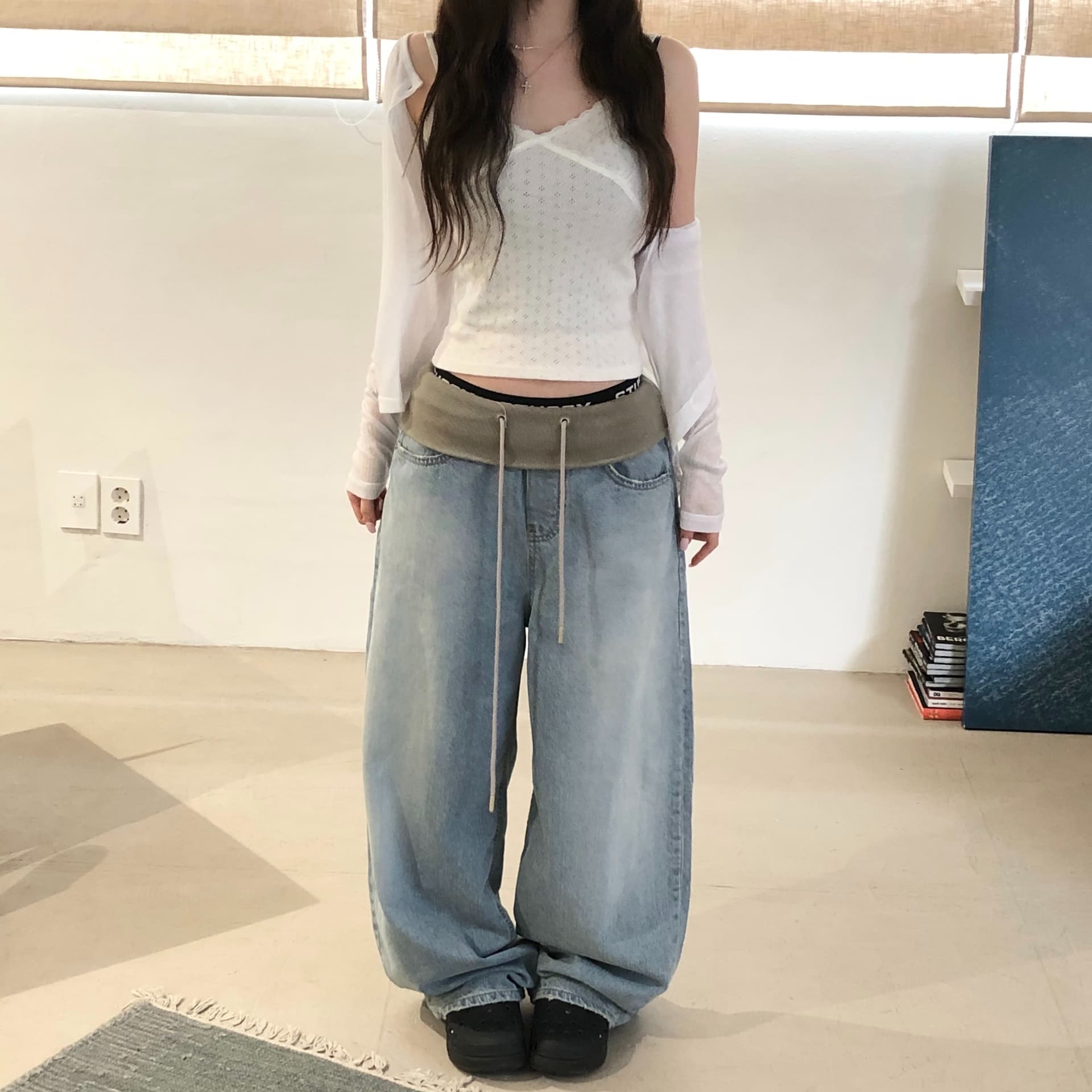 지금 리브 허리 폴딩 패치워크 루즈핏 넓은 다리 청바지 긴 바지 이미지 4