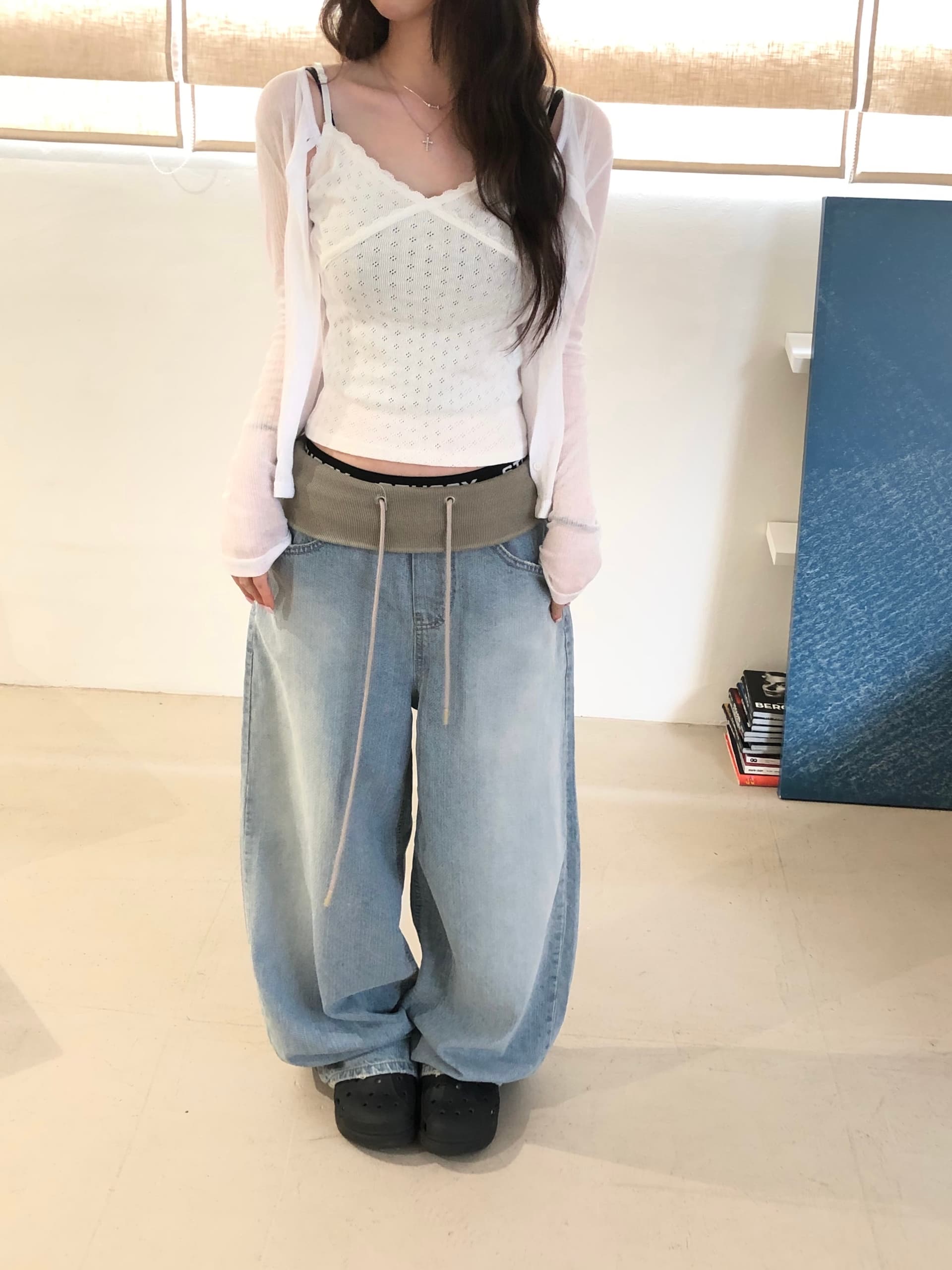 지금 리브 허리 폴딩 패치워크 루즈핏 넓은 다리 청바지 긴 바지 상세 이미지 3