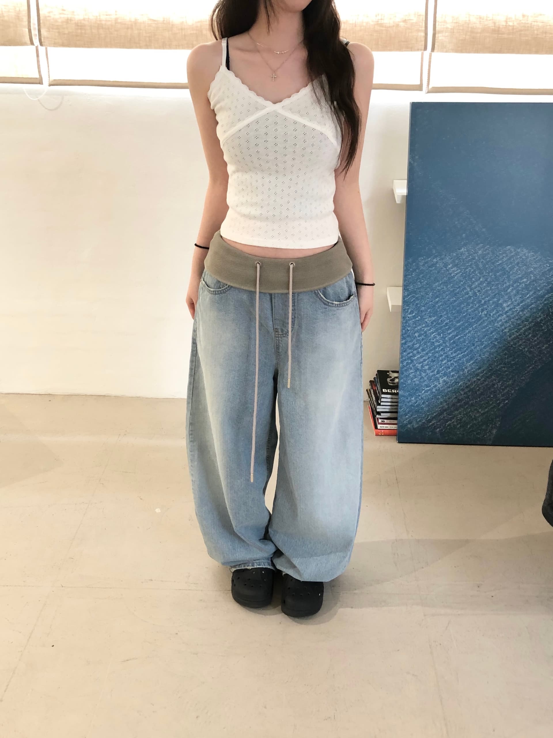 지금 리브 허리 폴딩 패치워크 루즈핏 넓은 다리 청바지 긴 바지 상세 이미지 5