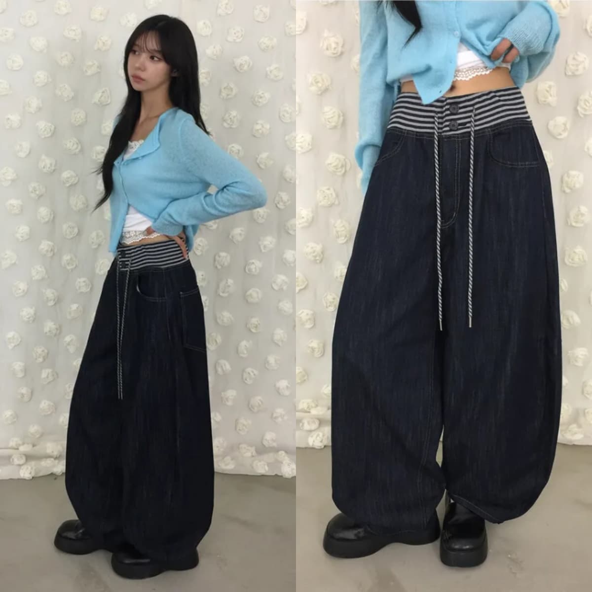 펌프 로프 스트라이프 허리밴드 청바지 여성 가을 루즈핏 넓은 바지