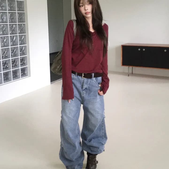 삼색 지금 측면 징 핀 Pleat 측면 스냅 단추 데님 와이드 바지 이미지 4