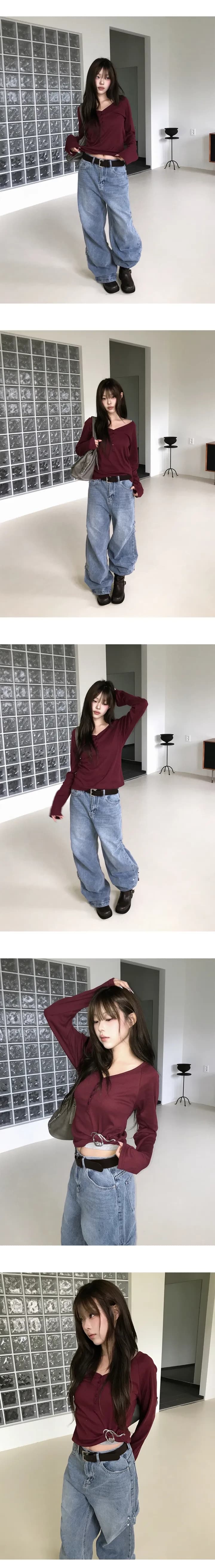 삼색 지금 측면 징 핀 Pleat 측면 스냅 단추 데님 와이드 바지 상세 이미지 8