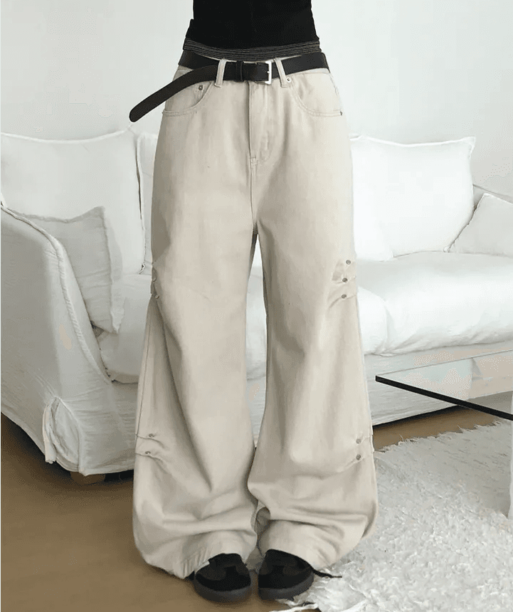 삼색 지금 측면 징 핀 Pleat 측면 스냅 단추 데님 와이드 바지 이미지 4
