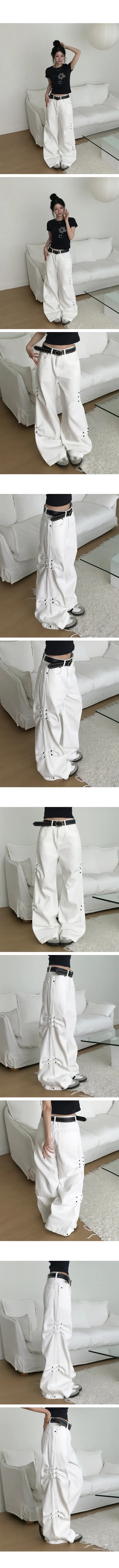 삼색 지금 측면 징 핀 Pleat 측면 스냅 단추 데님 와이드 바지 상세 이미지 4