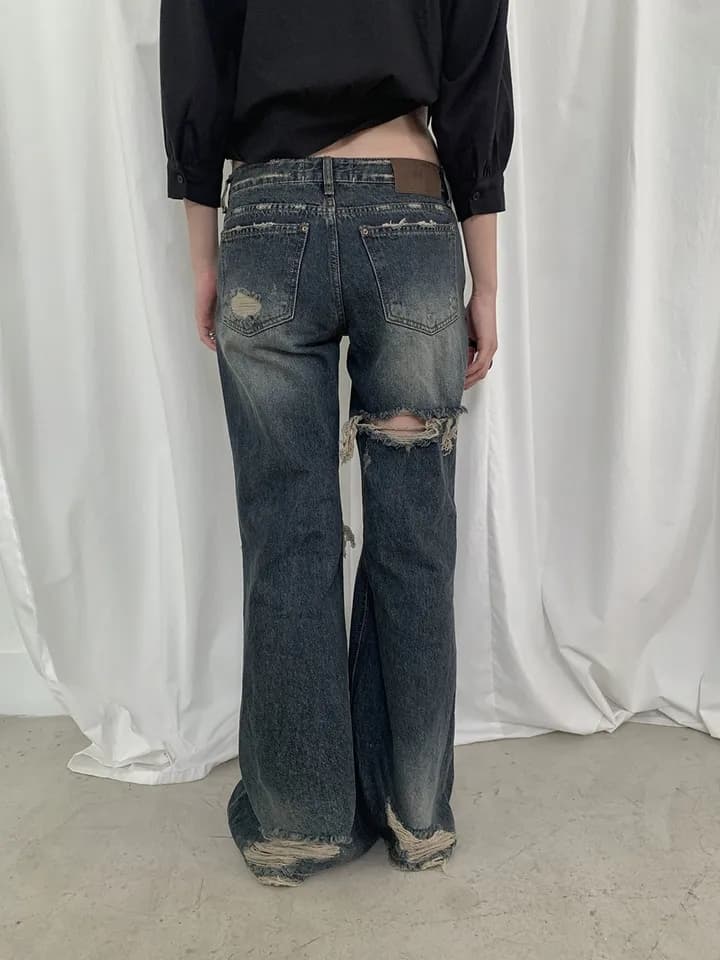지금 레트로 워싱 캐주얼 루즈핏 그리기 찢어진 부분 거친 가장자리 데님 긴 바지 이미지 3