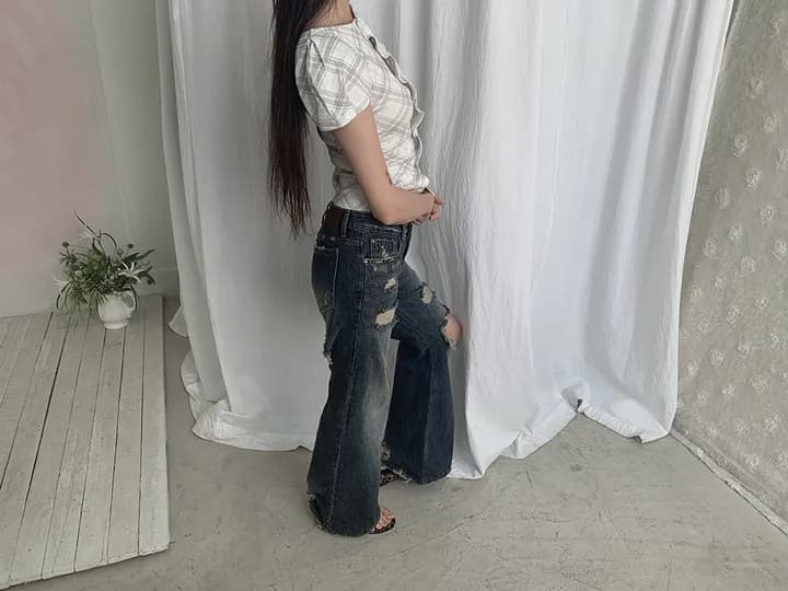 지금 레트로 워싱 캐주얼 루즈핏 그리기 찢어진 부분 거친 가장자리 데님 긴 바지 상세 이미지 10