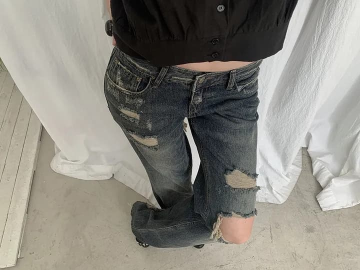 지금 레트로 워싱 캐주얼 루즈핏 그리기 찢어진 부분 거친 가장자리 데님 긴 바지 상세 이미지 16