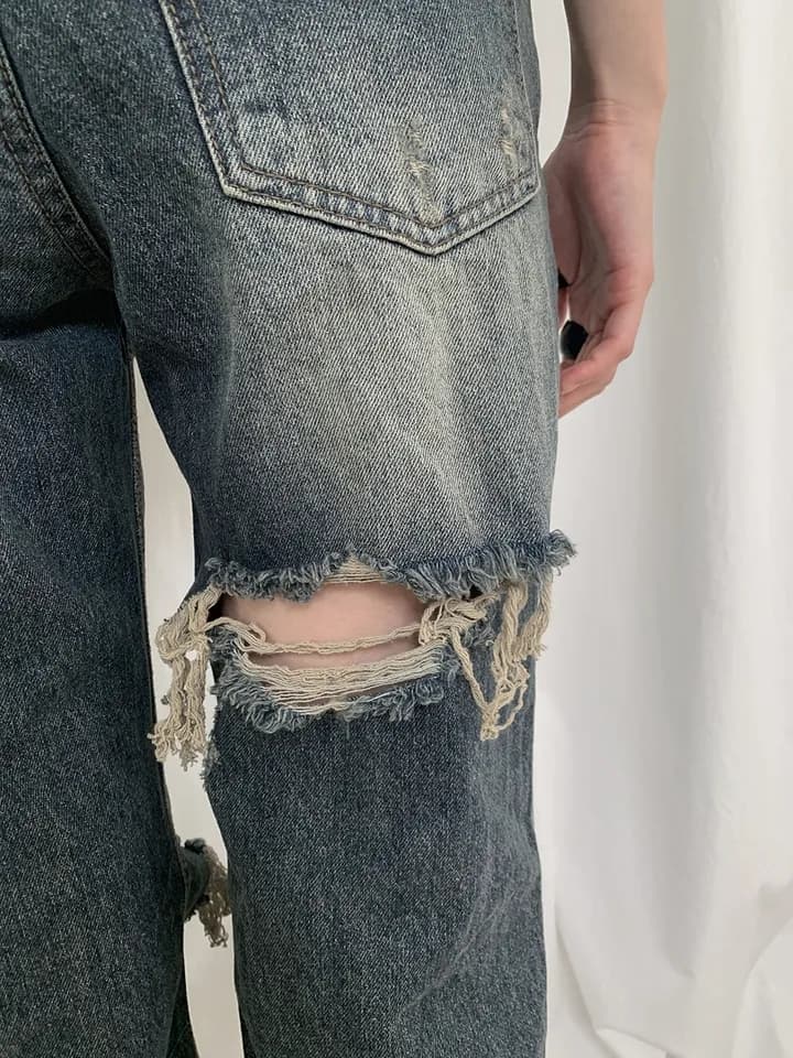 지금 레트로 워싱 캐주얼 루즈핏 그리기 찢어진 부분 거친 가장자리 데님 긴 바지 상세 이미지 20