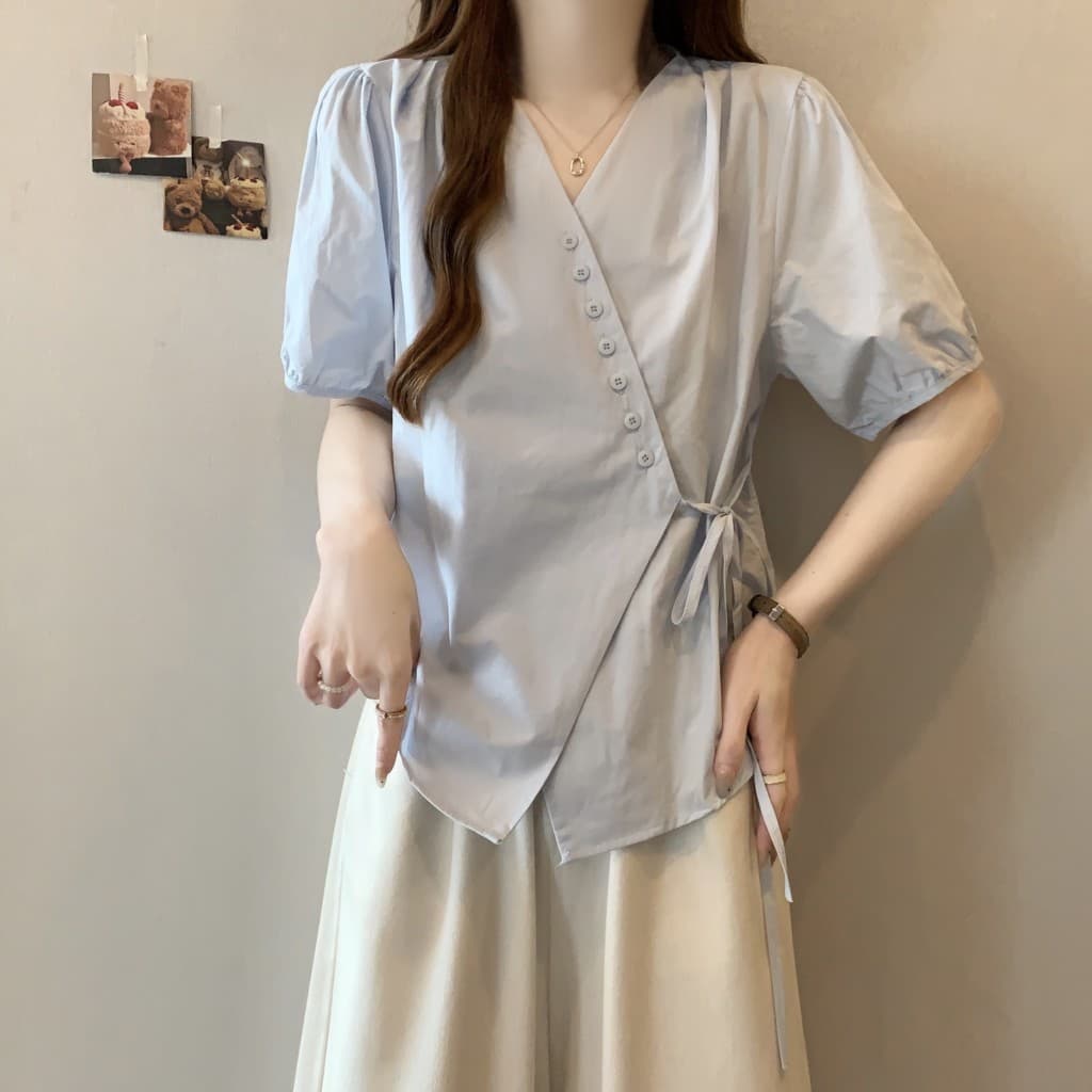 실사 빅 사이즈 2026 여름 드레스 새로운 한 부서 불규칙 측면 레이스업 허리 수축 디자인 V 넥 셔츠 상세 이미지 6