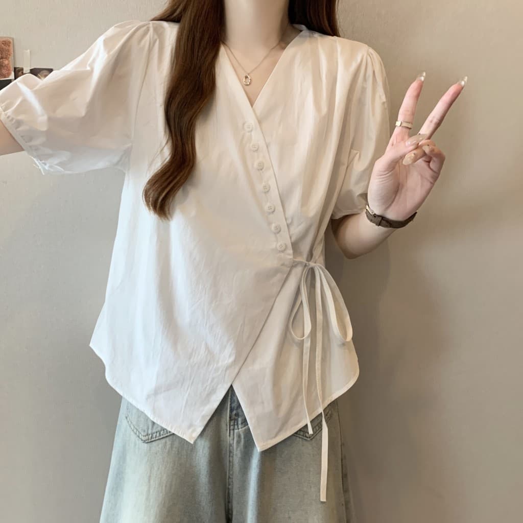실사 빅 사이즈 2026 여름 드레스 새로운 한 부서 불규칙 측면 레이스업 허리 수축 디자인 V 넥 셔츠 상세 이미지 17