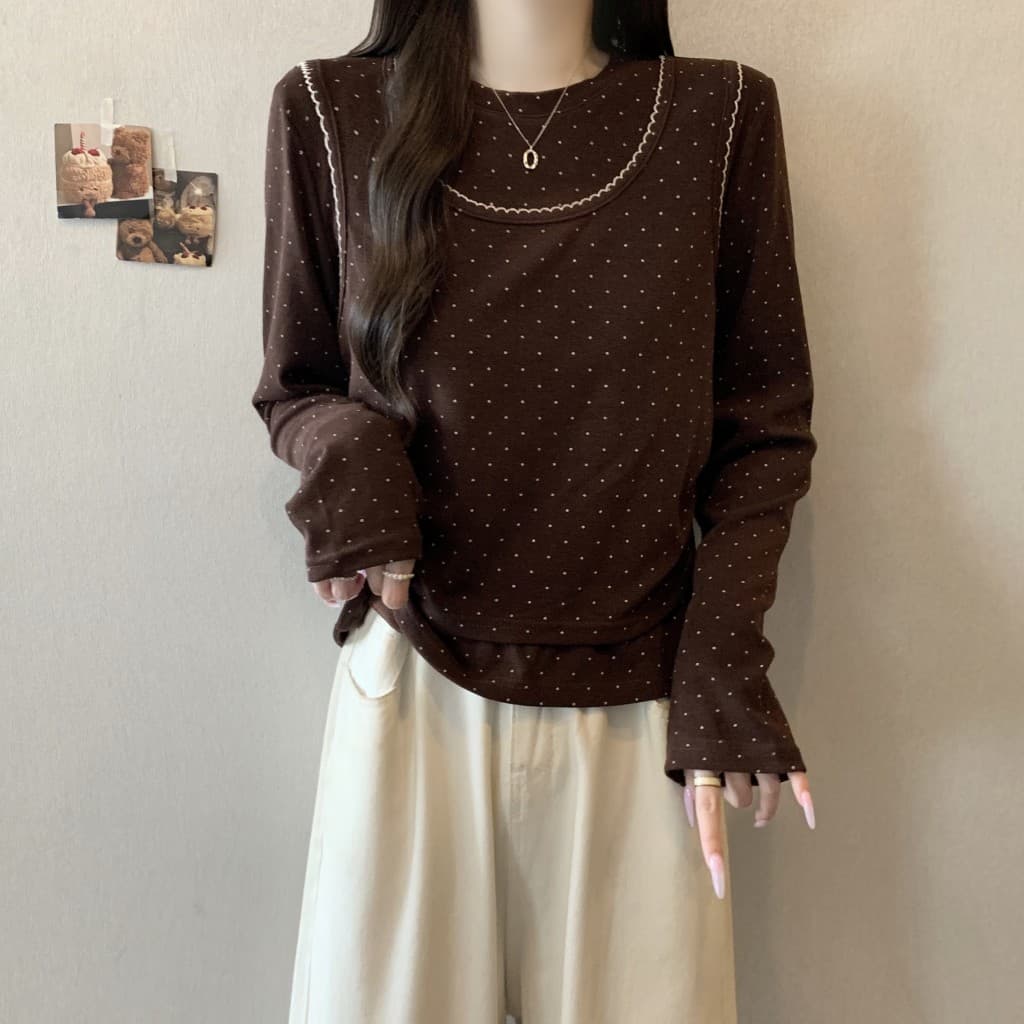 실사 빅 사이즈 가을 의상 레트로 도트 무늬 페이크 레이어드 긴팔 티셔츠 배색 주름 허리 수축 슬림해 보이는 만나는 맨위 상세 이미지 5