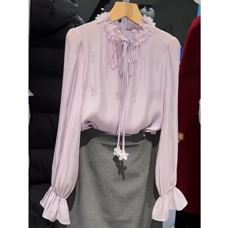 프랑스식 부드러운 바람 보라색 핑크색 절묘한 3 차원 꽃 비즈 박기 스탠드 칼라 레이스업 여성 셔츠 2026 봄 새로운 맨위 상세 이미지 3