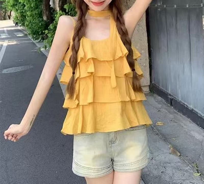 황색 케이크 행침 목 캐미솔 여름 도파민 태국 사람 스타일 고유 한 아름다운 해변가 외출용 면 린넨 작은 맨위 이미지 2