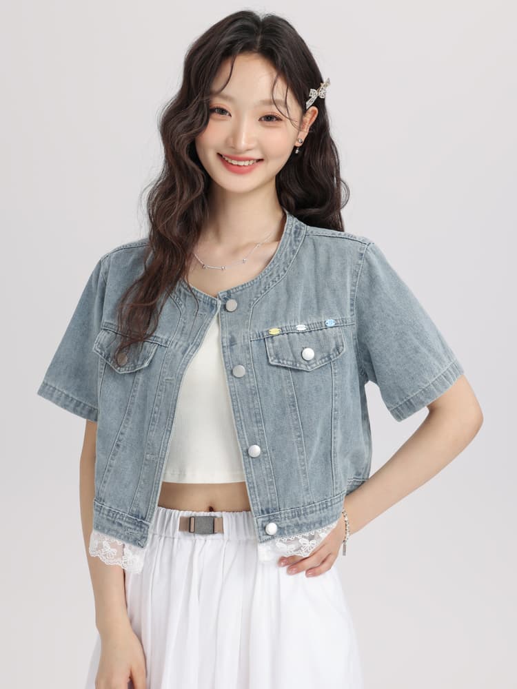 패치워크 레이스 쇼트 스타일 데님 셔츠 여성 코트 2026 여름 새로운 작은 키 캐주얼 작은 대중 반팔 맨위 이미지 3