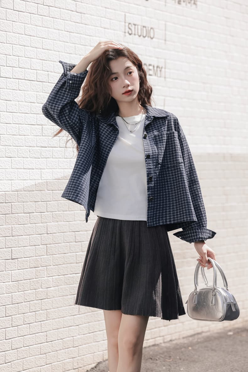 2026 년 이른 봄 새로운 분위기 센스 한 부서 출퇴근 폴로 칼라 격자 무늬 셔츠 싱글 줄 버튼 오픈 가디건 데님 여성 코트 상세 이미지 8