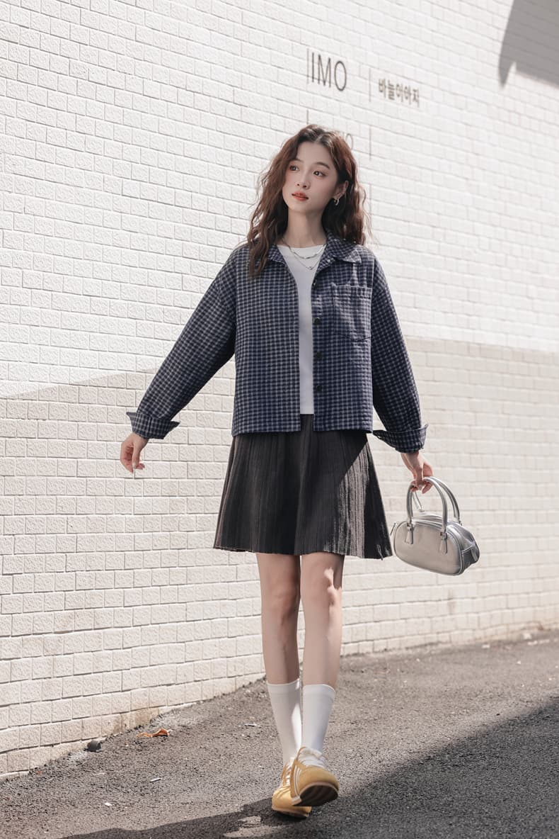 2026 년 이른 봄 새로운 분위기 센스 한 부서 출퇴근 폴로 칼라 격자 무늬 셔츠 싱글 줄 버튼 오픈 가디건 데님 여성 코트 상세 이미지 9