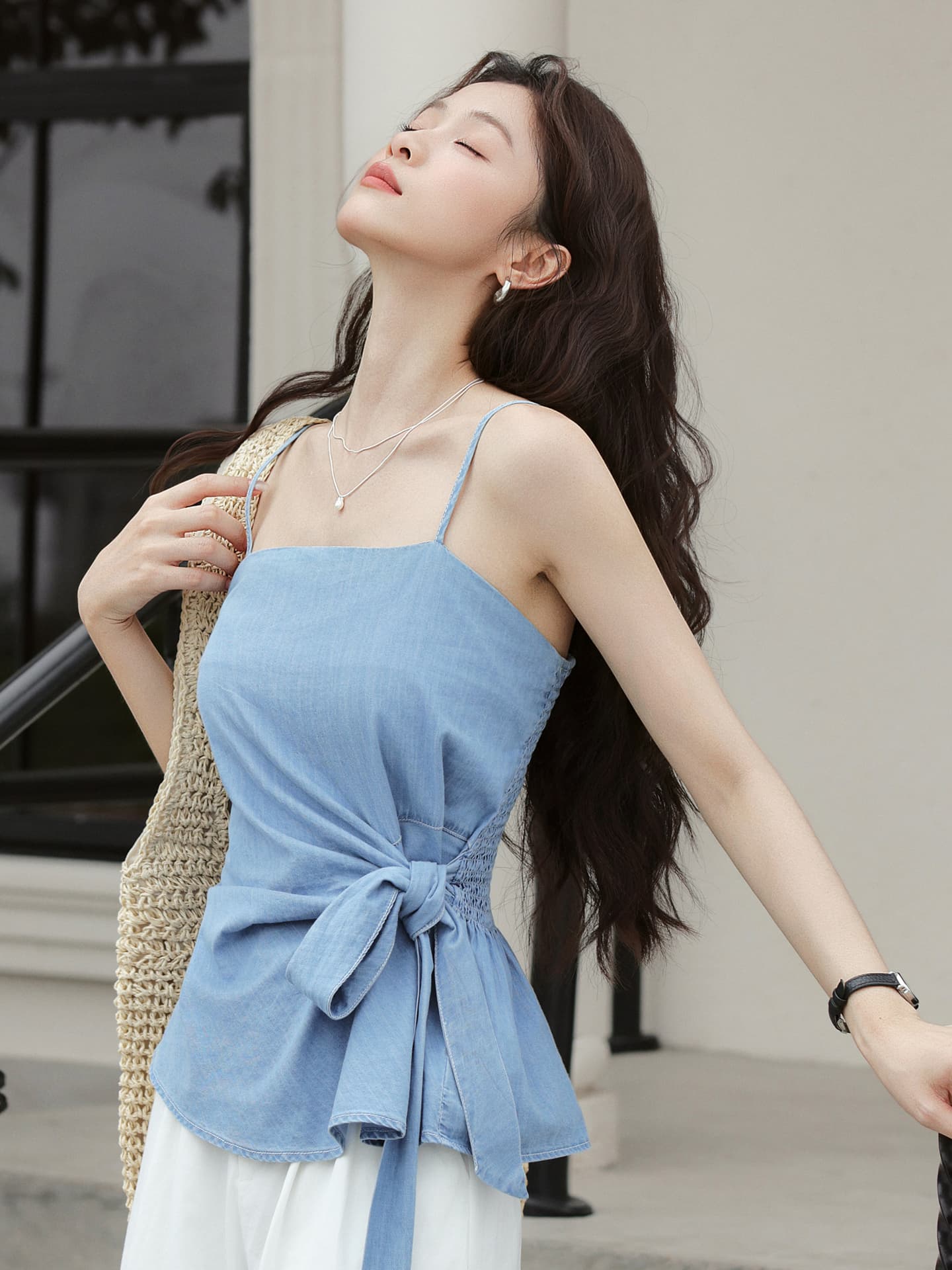 휴가 바람 레이스업 허리 수축 데님 캐미솔 2026 여름 몸매 가꾸기 다용도 달콤함 연령 감소 맨위 트렌디 이미지 4