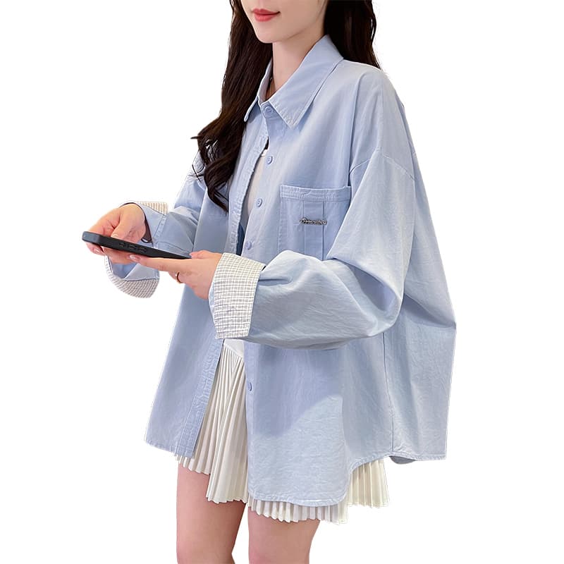 2026 봄 드레스 신제품 레트로 알파벳 자수 긴팔 셔츠 여성 프랑스식 루즈핏 셔츠 맨위 단색 지성 이미지 6