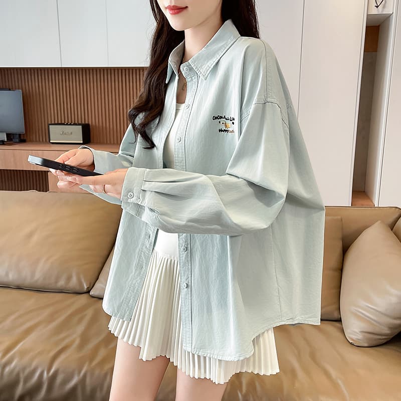 패션 3 차원 자수 면 100% 셔츠 여성 코트 문예 팬 폴로 칼라 긴팔 캐주얼 셔츠 오픈 가디건 봄 이미지 5