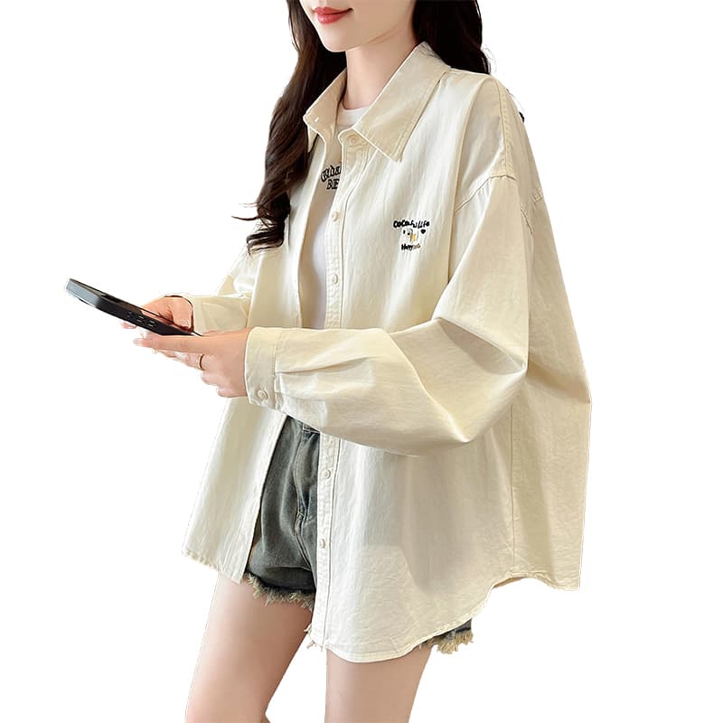 패션 3 차원 자수 면 100% 셔츠 여성 코트 문예 팬 폴로 칼라 긴팔 캐주얼 셔츠 오픈 가디건 봄 이미지 6