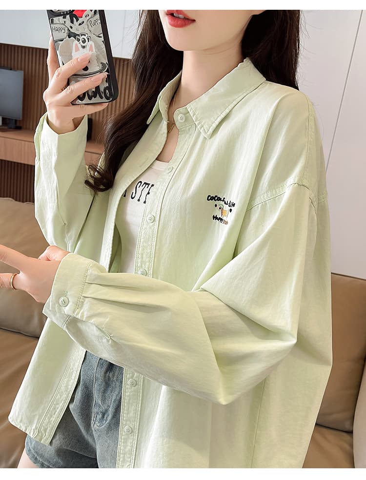패션 3 차원 자수 면 100% 셔츠 여성 코트 문예 팬 폴로 칼라 긴팔 캐주얼 셔츠 오픈 가디건 봄 상세 이미지 13