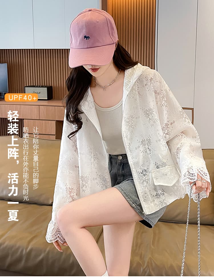 루즈핏 슬림해 보이는 후드 오픈 가디건 자외선 차단 맨위 여름 새로운 패션 디자인 센스 레이스 조각 짧은 외투 상세 이미지 1
