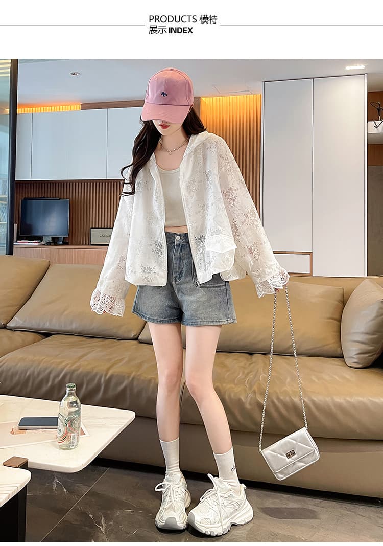 루즈핏 슬림해 보이는 후드 오픈 가디건 자외선 차단 맨위 여름 새로운 패션 디자인 센스 레이스 조각 짧은 외투 상세 이미지 10