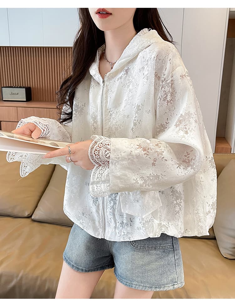 루즈핏 슬림해 보이는 후드 오픈 가디건 자외선 차단 맨위 여름 새로운 패션 디자인 센스 레이스 조각 짧은 외투 상세 이미지 13