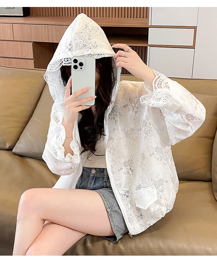 루즈핏 슬림해 보이는 후드 오픈 가디건 자외선 차단 맨위 여름 새로운 패션 디자인 센스 레이스 조각 짧은 외투 상세 이미지 15