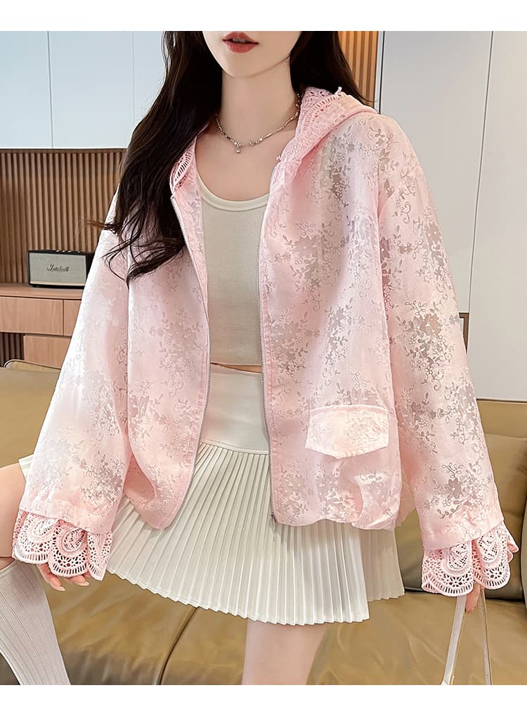 루즈핏 슬림해 보이는 후드 오픈 가디건 자외선 차단 맨위 여름 새로운 패션 디자인 센스 레이스 조각 짧은 외투 상세 이미지 20