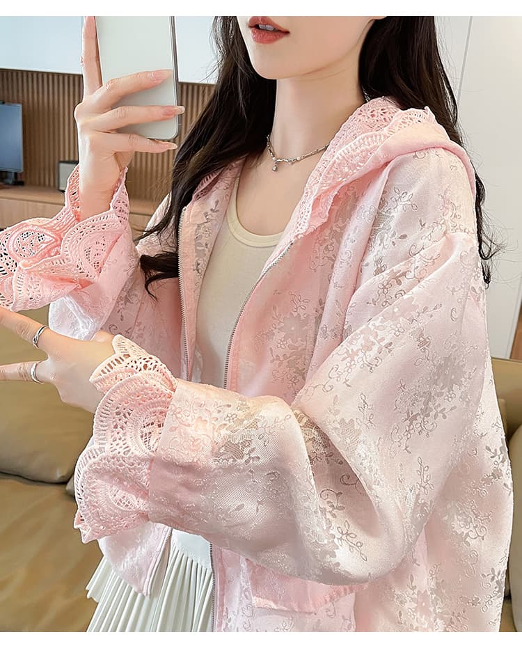 루즈핏 슬림해 보이는 후드 오픈 가디건 자외선 차단 맨위 여름 새로운 패션 디자인 센스 레이스 조각 짧은 외투 상세 이미지 23