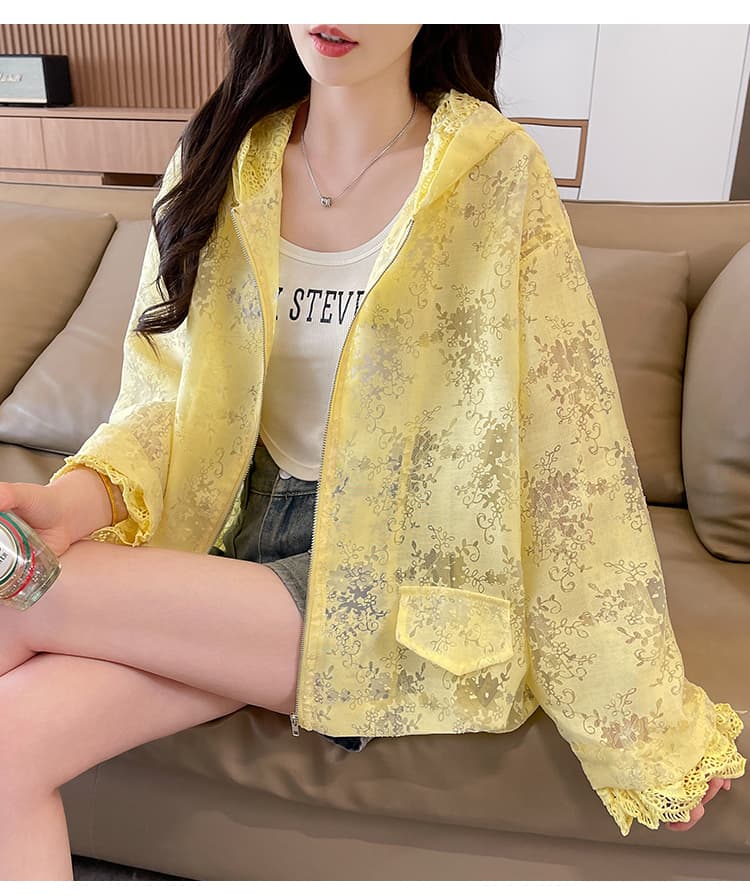 루즈핏 슬림해 보이는 후드 오픈 가디건 자외선 차단 맨위 여름 새로운 패션 디자인 센스 레이스 조각 짧은 외투 상세 이미지 29