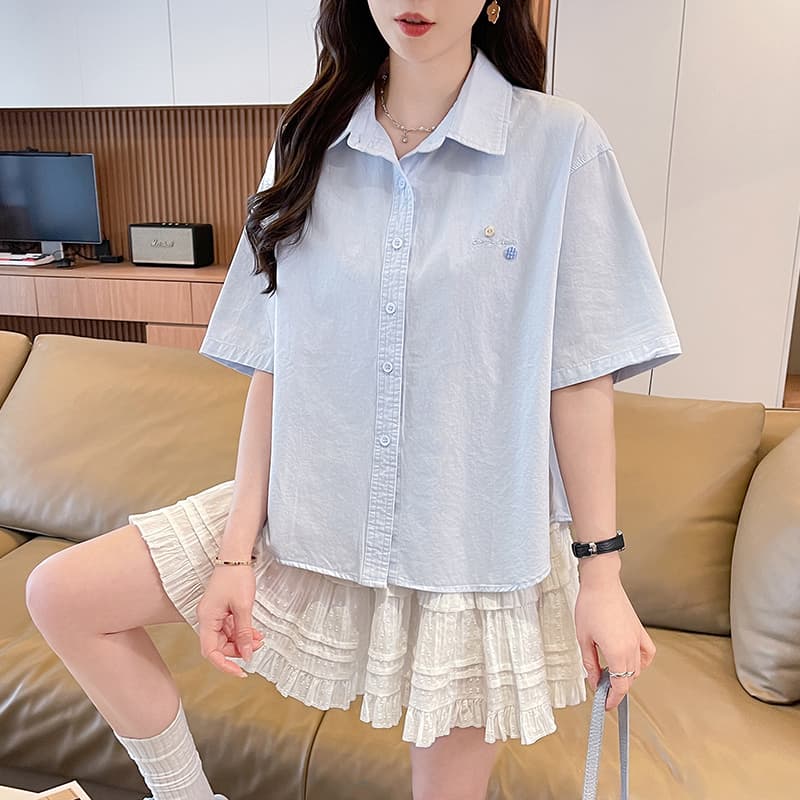 학원 스타일 캐주얼 연령 감소 파란색 반팔 셔츠 재킷 여성 의류 여름 새로운 루즈핏 외부 가져 가라. 오픈 가디건 맨위 이미지 3