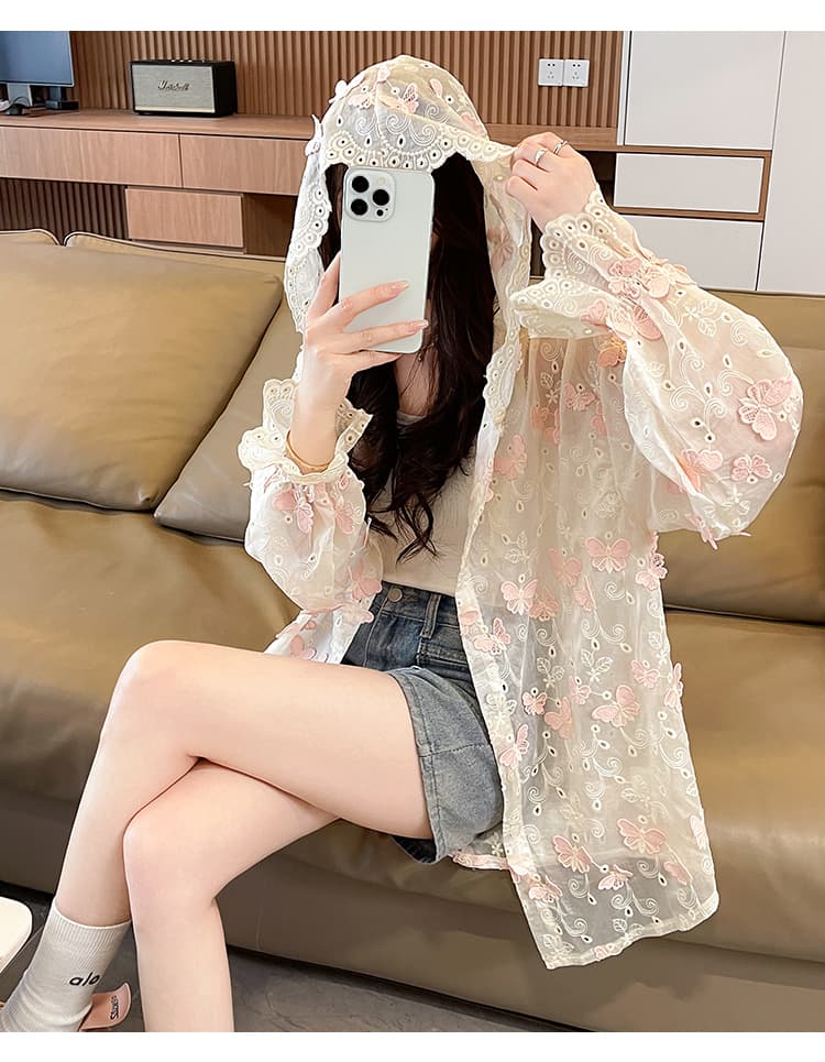 여름 새로운 무거운 작업 나비 자수 긴팔 후드 여성 셔츠 루즈핏 캐주얼 느긋한 바람 얇은 스타일 셔츠 맨위 상세 이미지 17